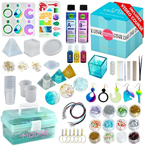 MODDA Epoxidharz-Set mit Videokurs, inklusive Farbpigment, Silikonformen, Halskettenschnur, Ohrringhaken zur Schmuckherstellung, Epoxidharz-Starter-Set für Anfänger, Erwachsene, komplettes Bastelset