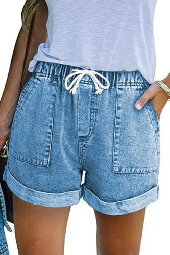 GOLDPKF Ladies Shorts Denim Shorts for Women Linen Cotton High Waist Jeans Shorts Women Summer Drawstring Cargo Hot Pants Sky Blue UK Large