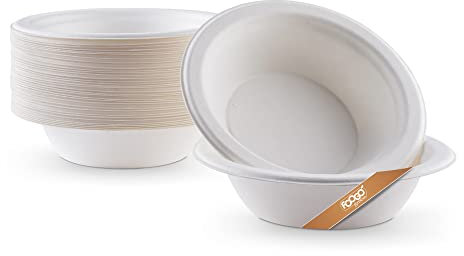 FOOGO Green 50 Cuencos Desechables de Caña de Azúcar, 340 ml, 15cm, Sopa, Postres y Ensalada, Profundo, Cuencos de Papel Resistentes para Comida Caliente, Biodegradables, Bambú, Fiesta