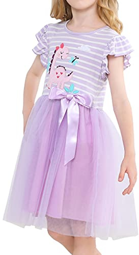 VASCHY Vestidos de Niña, Vestido Manga Corta Vestido Dinosaurio Princesa Vestidos Ropa Tul Fiesta de Verano Vestido Festivo 2-10 años, Dinosaurio Rosa 4T