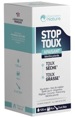 Prescription Nature - STOP TOUX - Sirop pour Toux Sèche et Grasse - Complément Alimentaire à Base de Plantes et de Miel - Apaisant, Menthe Poivrée - 125 ml