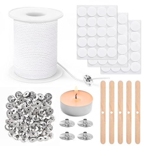Kerzendocht, Rauchfrei Geruchlos Cotton Kerzen Dochten Set mit Metallbasis Holz Stück Dochthalter Und Doppelseitigen Dochtaufklebern für DIY Kerzenherstellung Weihnachten Geburtstag 166 Stück