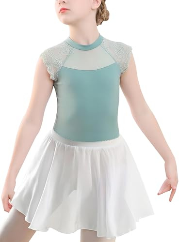 Happy Cherry Girls Dance Ballet Leotard with Removable Chiffon Skirt Kid Dance Ballet Tutu Dress Round Neck Dancewear Elegant Ballerina Outfit 5-6 Years Green Leotard+Chiffon Skirt 2023