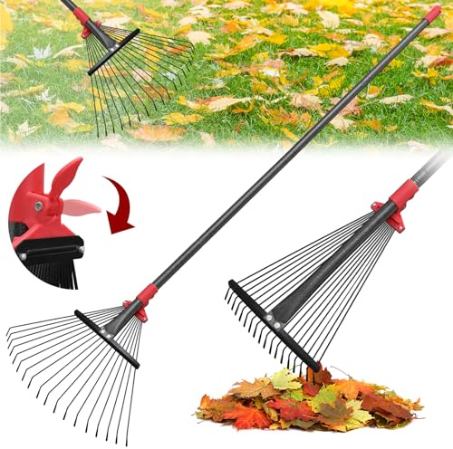 76Inch Adjustable Metal Leaf Rake, 18 Metal Tines Heavy Duty Leaves Rake for Lawns with 8-18 Expandable Head Long Handle Garden Rakes for Women Kids Leaves Yard Gardening Grass Outdoor Camping Debris