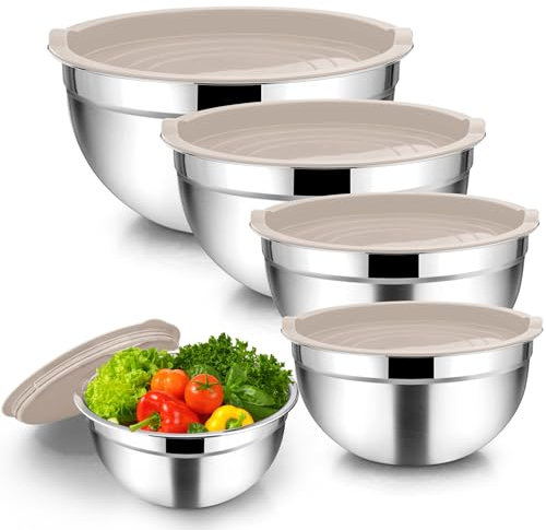 Homikit Rührschüssel Set, 5 Stück Edelstahl Schüssel Salatschüssel Set mit Luftdicht Deckel für Küche/Vorbereiten/Servieren, 4.5 L / 2.7 L / 1.5 L / 1.2 L / 0.7 L, Khaki