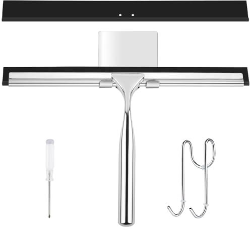 WUFANC 25CM Rasqueta Limpiacristales Acero INOX., Limpia Mamparas Ducha Cristal con 2 Hoja de Silicona y 1 Gancho, Necesidad de Taladrar, Puede Limpiar Baños, Cocinas y Ventanas de Automóviles