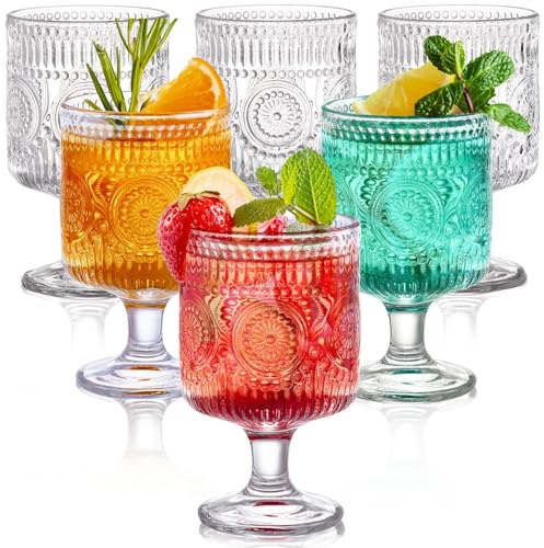 Pumtus 6 Pack Vintage Goblet Glasses, 8 OZ Embossed Floral Glass Cup, Clear Romantic Wine Glassware, Unique Pressed Pattern Stemware, Mixed Drink Glasses Set for Cocktail, Juice,Whiskey, Beer