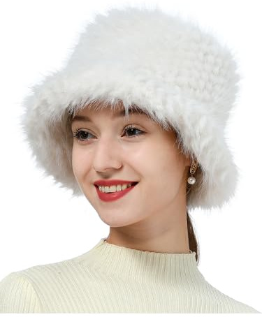 soul young Chapeau cloche bob d'hiver en fausse fourrure pelucheuse pour femme Bonnet de pêcheur chaud en fourrure d'hiver, blanc, Taille unique