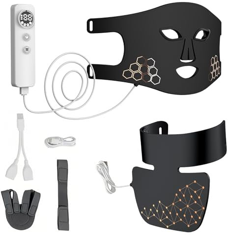 LED Face & Neck Mask Light Therapy, 4 Colors Red/Blue/Yellow/White Light Therapy Mask, 4 Modes Home Skincare Beauty Device with Timer for Wrinkle Reduction, Skin Tightening Rejuvenation (Black)