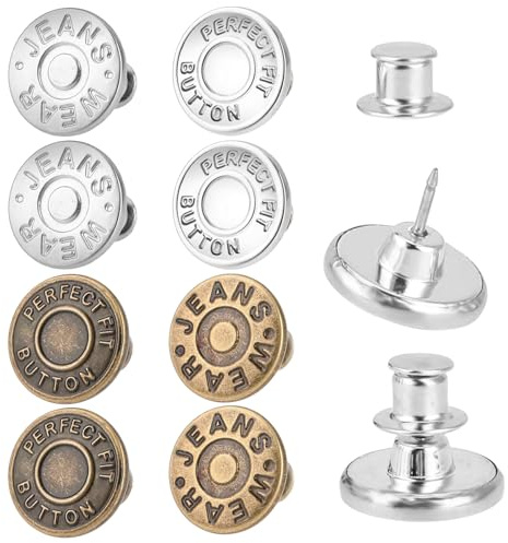 8 Sets Jean Button Pins Pants Button Tightener for Waist No Sew Instant Replacement Buttons for Loose Jeans Reusable Adjustable Metal Clips Snap Tack Reduce Too Big Pants Waist