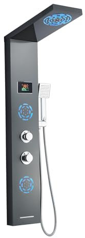 KEOKBON 5 in 1 Duschpaneel mit Armatur Batterielos Duschamaturenset LED Duschzeit und ℃ Anzeige, Regendusche Nebeldusche LED-Massagedusche, Eckmontage Duschpaneele Schwarz, Messing und Edelstahl