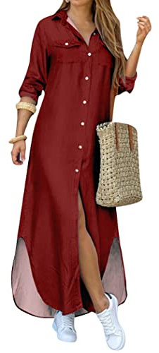 OMZIN Vestido Camisero con Botones para Mujer Manga Enrollada Blusa Extragrande Vestido Maxi Camisero con Abertura Borgoña L