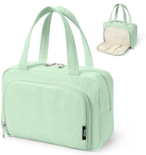 KALIDI Large Cosmetic Bag for Women Toiletry Wash Bag with Handle Corduroy Make Up Bag with Compartments & Brush Slots Portable Makeup Organiser Travel Essentials