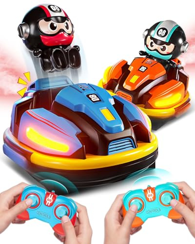 Onalix 2 Piezas Coches de Choque Teledirigidos para Niños 2.4GHz con Música, Luces, Pulvorización, Giro 360° y Piloto Eyectable, Juguete Regalo para Niños y Niñas, niños