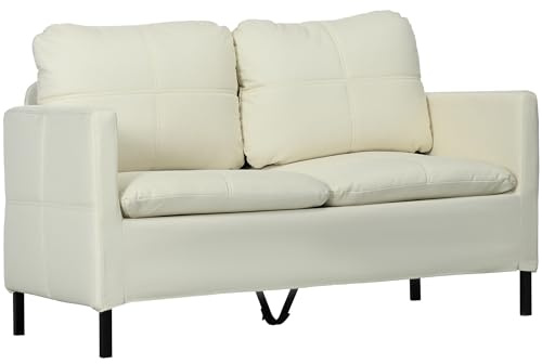 HOMCOM Canapé 2 Places Style Contemporain 135 cm avec piètement en Acier Noir, 4 Coussins, revêtement Tissu Effet Lin crème