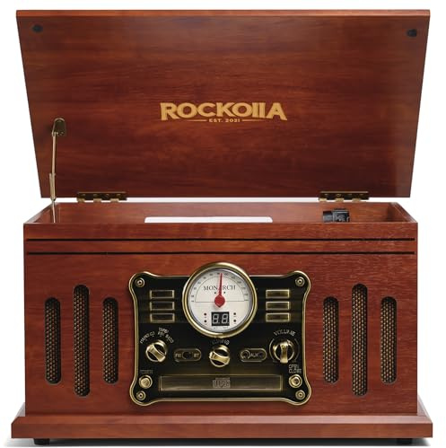 ROCKOLLA - Tocadiscos Retro Bluetooth de Vinilo, Altavoces Estéreo【33/45/78 RPM】 Giradiscos Vintage | Radio FM, Cassette, CD, MP3, USB, SD, Grabadora | Salida RCA/Aux In (Monarch)