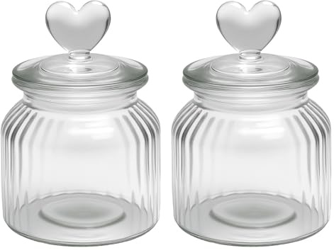 Set de 2 Tarros de Cristal 650ml con Tapa Hermética y Forma de Corazón – Tarro de Cristal Vintage Transparente para Caramelos, Galletas, Dulces – Tarro Decorativo Cocina, Candy Bar, Regalo Original