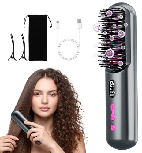 Spazzola Lisciante per Capelli 9600mAh, Spazzola Lisciante Senza Fili 40 Milioni di Ioni Negativi, Riscaldamento Rapido, Pettine Lisciante per Capelli per Viaggio, 4 Livelli di Temperatura (Grigio)