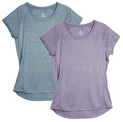 icyzone Damen Fitness Sport T-Shirt Kurzarm Laufshirt Gym Training Funktion Shirt, 2er-Pack (M, Violett/Navy)