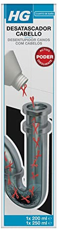 HG Desatascador de Pelo para Cañerías y Desagües, Elimina Tapones de Pelo de la Ducha, Bañera y Fregadero, Desbloquea Tuberías Rápidamente y con Seguridad - 200 ml + 250 ml