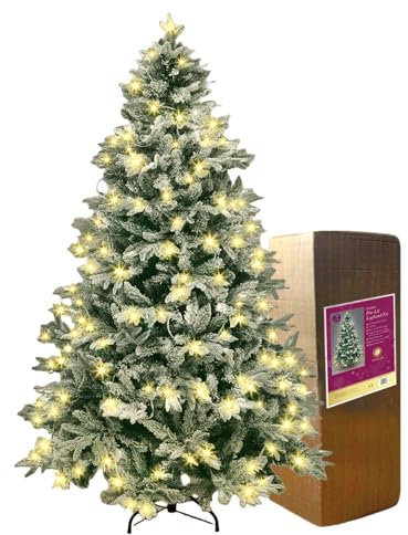 7ft/2.1m Pre-Lit Artificial Christmas Tree Lapland Fir - 320 LED Warm White Lights, Snow Flocked 1205 PE/PVC Tips, Snowy Bushy Hinged Branches, Metal Stand for Xmas Home Decorations