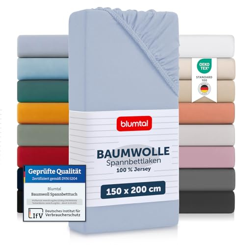 Blumtal Basics Bomullslakan 2-pack 150/190 x 200 cm - 100% bomullslakan, upp till 25 cm madrasshöjd, Sky Blue
