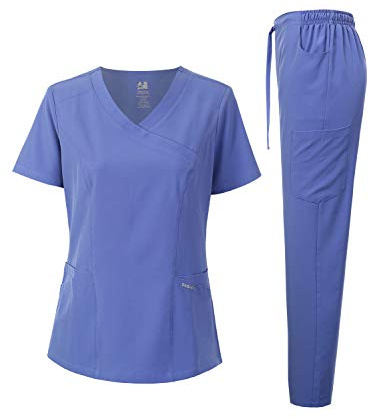 Dagacci Medical Uniform Women's Scrub Set 4-Way Stretch Y-Neck Stitch Tape Top and Pants (Ceil Blue, Large)