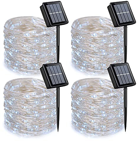 QITONG 4 Pack Solar Fairy Lights, Each 33ft 100 LED White Christmas String Light Outdoor Waterproof, 8 Modes Silver Wire Twinkle Mini Lights