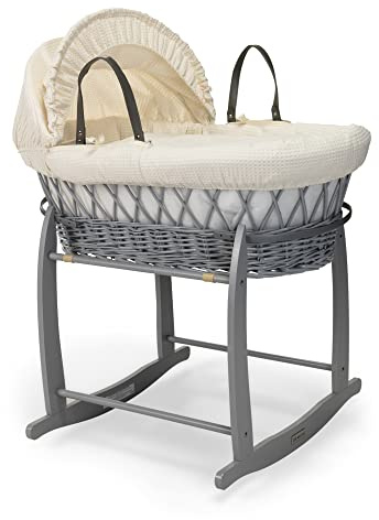 Clair de Lune Culla in vimini grigio a nido d'ape con supporto a dondolo grigio deluxe, 68 x 30 cm, color crema