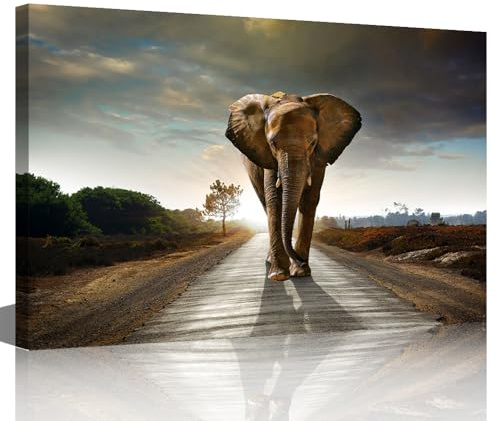 Canvas Wall Art Elephant Walking in a Road Painting Pictures Print On Canvas Animal for Living Room Bedroom Home Wall Modern Decoration Stretched By Wooden Frame Ready to Hang 16x24inch