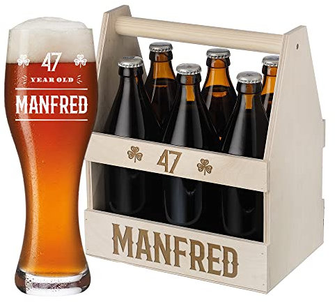 polar-effekt Weißbierglas & Bierträger aus Holz mit Gravur - Flaschenträger mit Weizenbierglas 500 ml - Männergeschenk