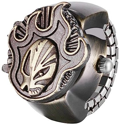 JewelryWe Reloj con Anillo de Calavera en Llamas, Reloj de Dedo Elástico, Relojes de Cuarzo Analógicos, Esfera con Escala Digital, Correa Ajustable, Bronce