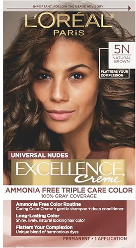 L’Oreal Paris Excellence Universal Nudes Permanent Hair Color, Ammonia Free Hair Dye for Gray Hair Coverage, 5N Natural Brown, 1 Hair Dye Kit