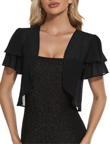 HANERDUN Women Bolero Shrug Summer Chiffon Cropped Cardigan Open Front Sheer Short Sleeve Cropped Cardigans for Women Black