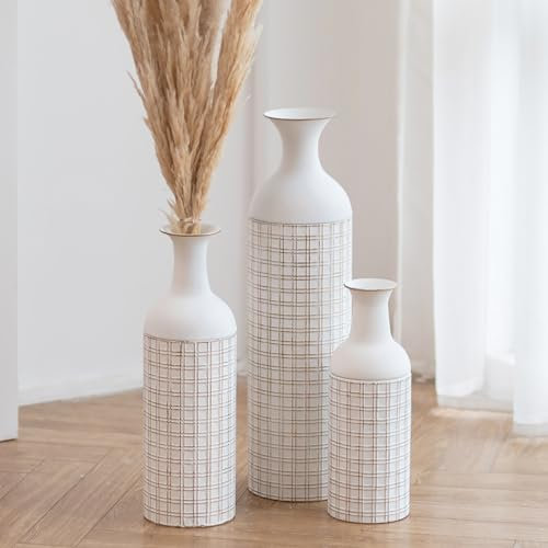 Sziqiqi Bodenvase Groß Weiß Metall: Moderne Bodenvasen für Wohnzimmer 68/51/41cm - Vase Große Set of 3 - Hohe Blumenvase für Boden Schlafzimmer Kamin Ecke Büro