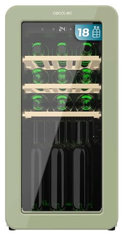 Cecotec Cantinetta 18 Bottiglie Retrò Bolero Grandsommelier Origin 18 Hit Green. Finitura Verde Con Controllo Led, Temp. 5-20ºC, Compressore, NoFrost, Ripiani In Legno, Luce Interna, Ventilazione