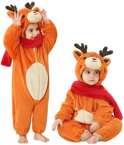 LOLANTA Unisex renkostym för barn, unisex, djurdräkt med huva för barn, fackdräkt i flanell, Apelsin, 24-30 mesi