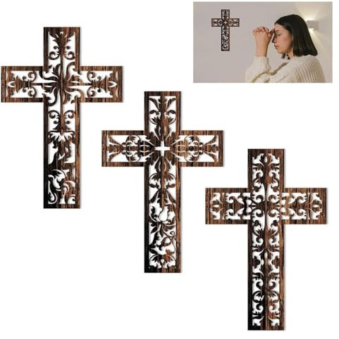 TTPSRY Crucifix Wall Cross Plaque Wall Hanging Catholic Ornament Creative Hollow 3 Piece Wooden Prayer Corner Decor for Home Church Living Room & Bedroom（Brown B）