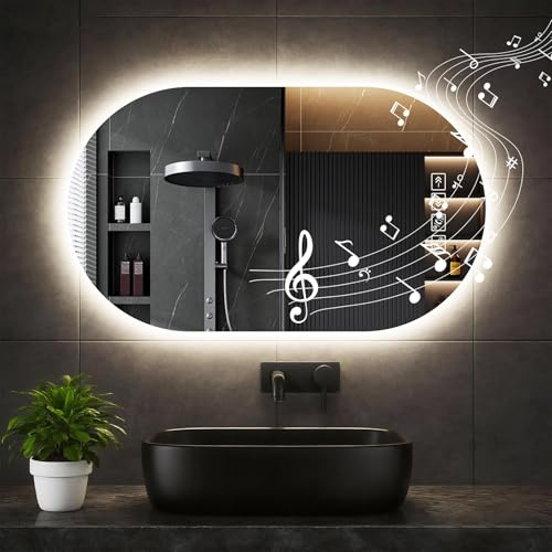 wowspeed Specchio da bagno con luci LED da parete, antiappannamento, dimmerabile in 3 colori, LED, vetro temperato HD, specchio intelligente Bluetooth, bagno, 50 x 75 cm