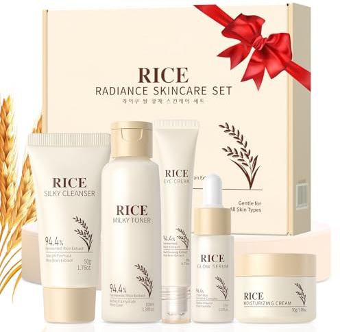Arroz Kit de Cuidado Facial, Rice Skincare Ser,5 Piezas con Limpiador, Tónico, Sérum, Crema y Contorno de Ojos – Skincare Hidratante Revitalizante para Mujer y Adolescente