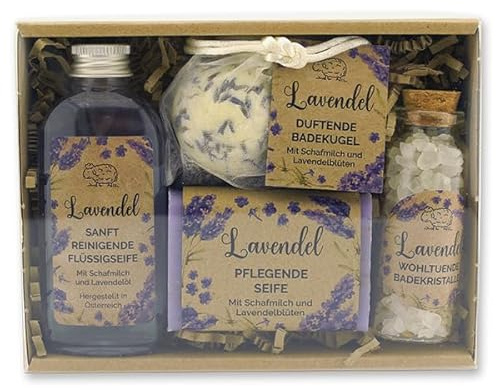 Geschenkset Pflegeset Lavendel mit 100g Schafmilchseife, 75ml Flüssigseife, 40g Badesalz und einer Badekugel in der Geschenkbox - Wohlfühlzeit aus Schafmilch