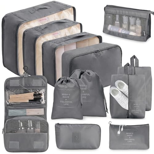 12-delat resväskearrangör-set, packningskuber, vattentät bagageorganisatör, packkuber, med packpåsar, klädväskor, sminkkväska, skoväska, researrangör för resväska (grå)