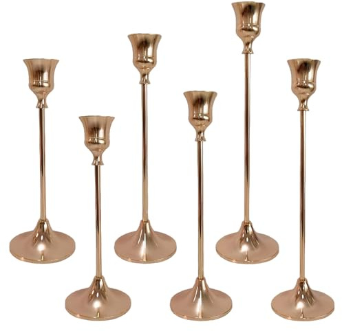 Set of 6 Gold Candle Holders, Metal Candle Holder, Candlestick Holders for Vintage Modern Decoration for Table Mantel Wedding Christmas Party Tall & Short Candlesticks