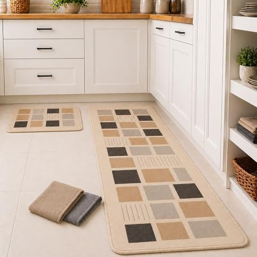 KRAPPS Alfombra Cocina Lavable Antideslizante Efecto Lino - Set de 2 Alfombras Cocina y 2 Trapos Microfibra, Ideal para Fregadero, Encimera, Pasillo, Alfombra Lavable 150x45 y 50x45cm