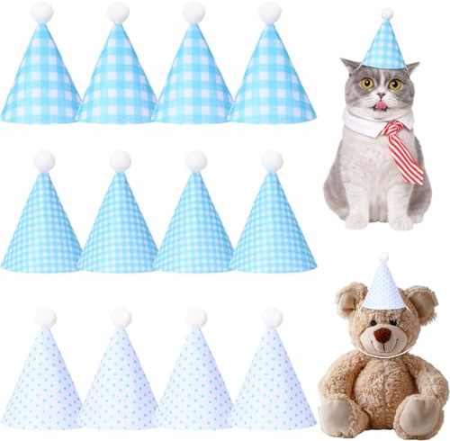 CrystalSylara 12 Pcs Mini Party Hats for Stuffed Animals, Felt Cone Hats with Pom Poms Baby Blue Polka Dot Checkered Mini Birthday Party Hat for Dolls Small Dogs Cats Birthday Holiday Pet Accessories
