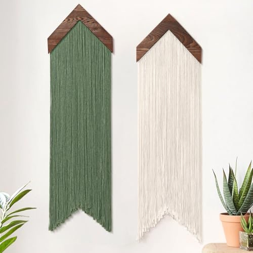UXORSN 2 st makramé vägghängande pil tofs gobeläng boho chic väggdekor beige grön handgjord vävd bomullsrep gobeläng estetisk bohemisk väggkonst för sovrum vardagsrum kontor prydnad