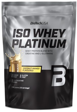 BioTechUSA Iso Whey Platinum | Vassleisolat- och vasslekoncentrat i pulverform | 3 g kreatin per portion | Med zink och vitamin B3 | 454 g, Kokos-Mango
