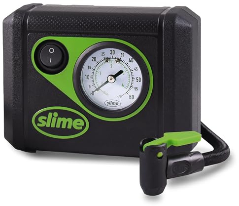 Slime 40059 Tire Inflator, Junior, Compact, Powerful, Portable Car Air Compressor, Lightweight, Analog, Flat Tire Repair, 12V, 12 min Inflation