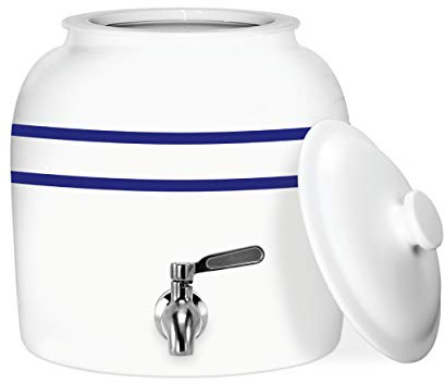Geo Sports Porcelain Ceramic Crock Water Dispenser, Stainless Steel Faucet, Valve and Lid Included. Fits 3 to 5 Gallon Jugs. (Blue Stripe)