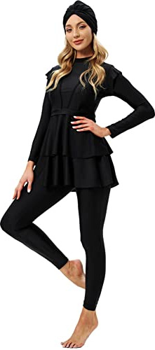 Odizli - Traje de baño musulmán para mujer burkini de manga larga, 3 piezas con sujetador incorporado, pantalón de baño y hijab, Negro , L